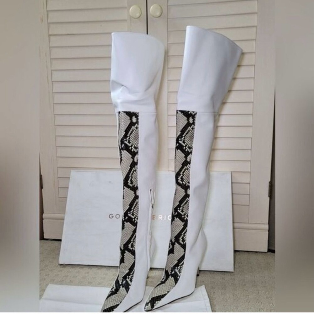 GOOD AMERICAN The Koko Snake Embossed Over The Knee Boot in White ,Size 8